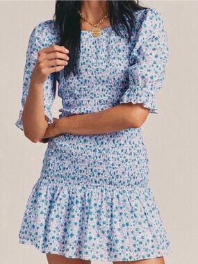 Floral Smocked Mini Dress in Light Blue